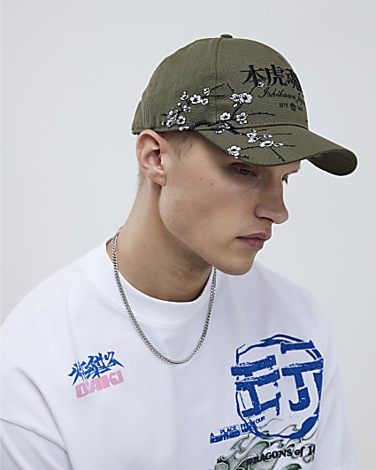 Khaki Embroidered Floral Japanese Cap