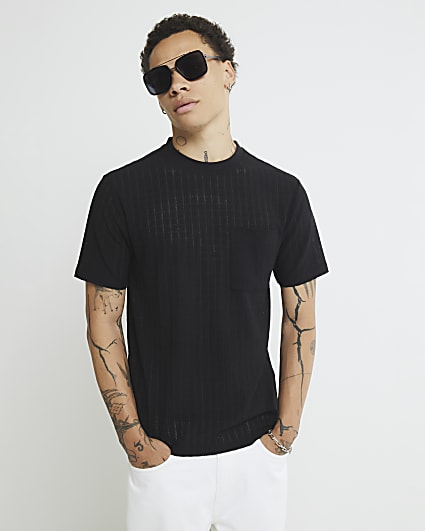 Black Slim Fit Textured Grid T-Shirt