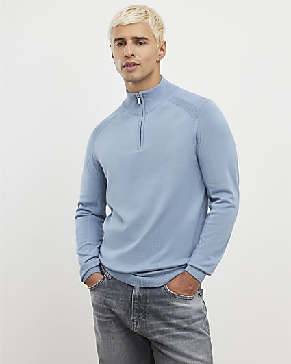 Blue Slim Fit Half Zip Jumper