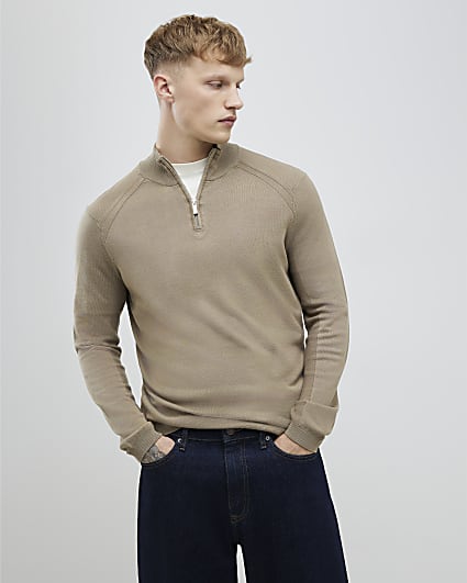 Beige Slim Fit Half Zip Jumper