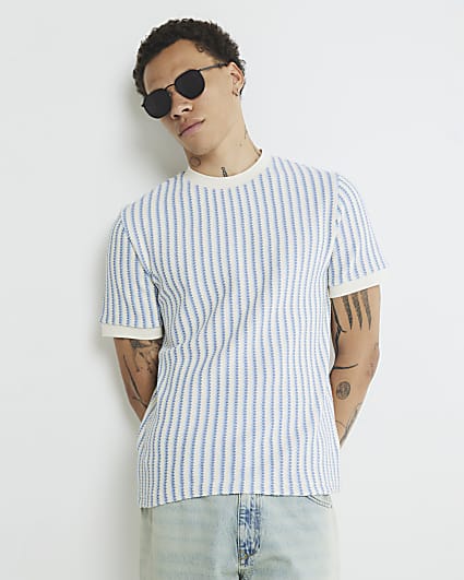 Ecru Slim Fit Textured Striped T-Shirt