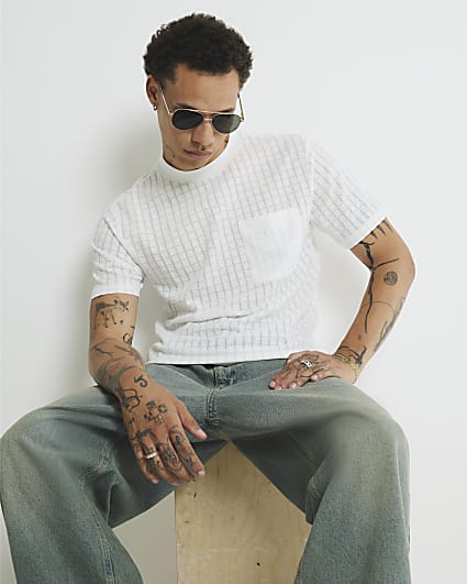 White Slim Fit Textured Grid T-Shirt