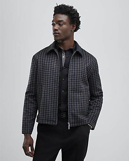 Black Faux Leather Check Collared Jacket