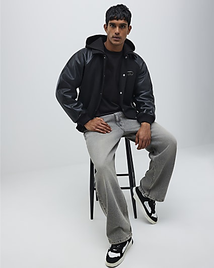 Black Faux Leather Wool Bomber Jacket