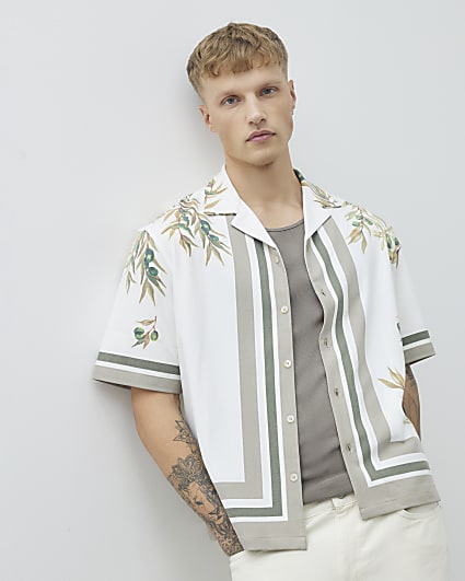 White Regular Fit Olive Print Striped Shirt