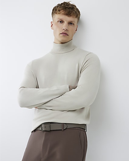 Ecru Slim Fit Roll Neck Jumper