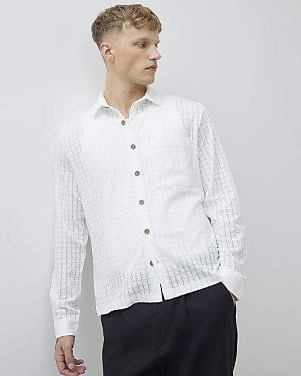 White Regular Fit Grid Textured Shirt