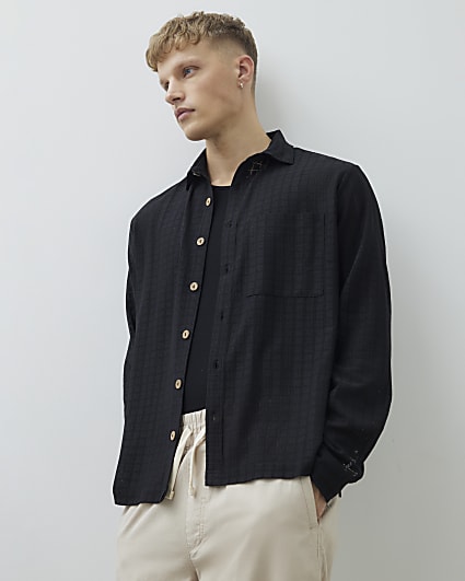 Black Regular Fit Grid Textured Shirt