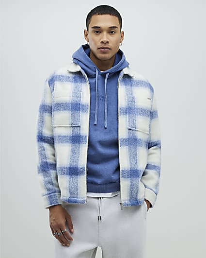 Blue Regular Fit Brushed Check Zip Overshirt