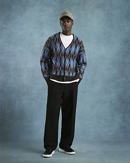 Blue Oversized Fit Argyle Cardigan