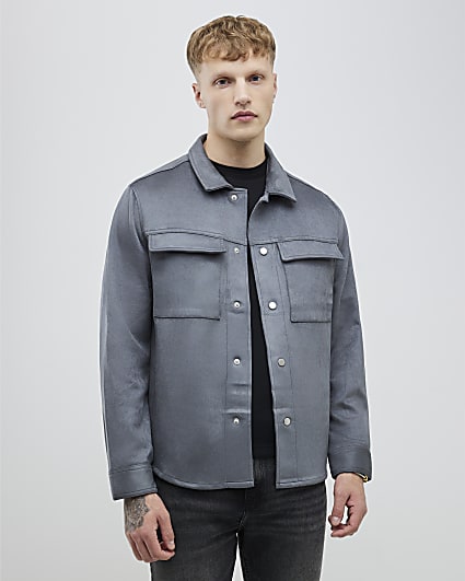 Grey Regular Fit Faux Suede Overshirt
