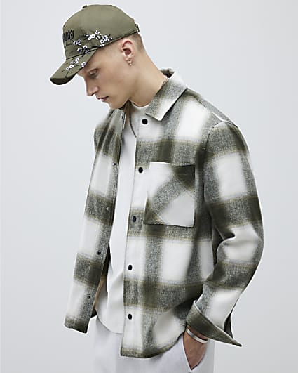 Green Curved hem Checked Overshirt
