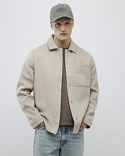 Beige Long Sleeve Curved Hem Overshirt
