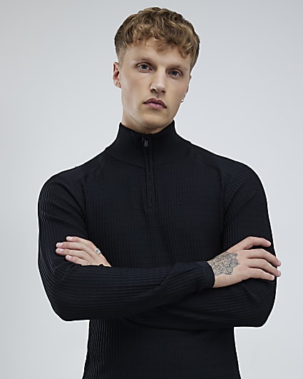 Black Muscle Fit Brick Knitted Funnel Jumper
