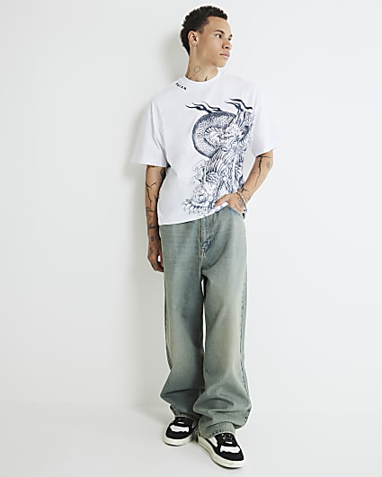 White Oversized Fit Dragon Print T-Shirt