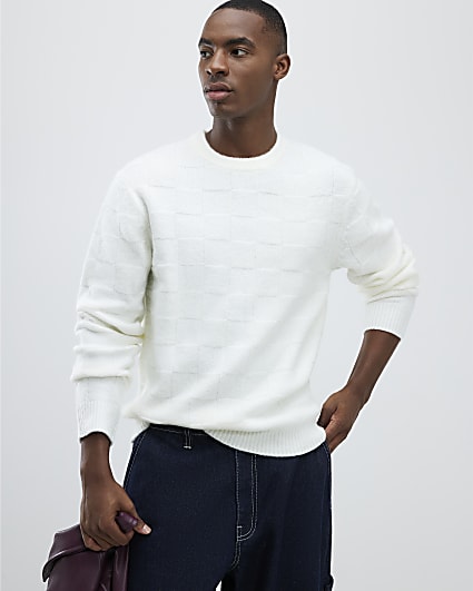 Cream Slim Fit Knitted Check Jumper