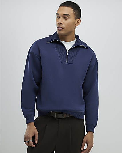 Navy Regular Fit Zip Rib Funnel Sweatshirt