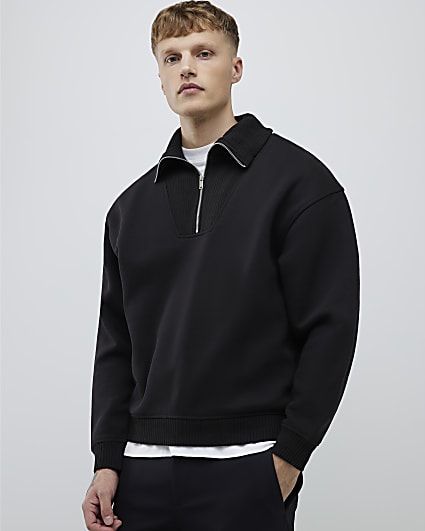 Black Regular Fit Ribbed Sweatshirt