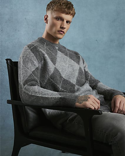 Grey Regular Fit Brushed Argyle Jumper