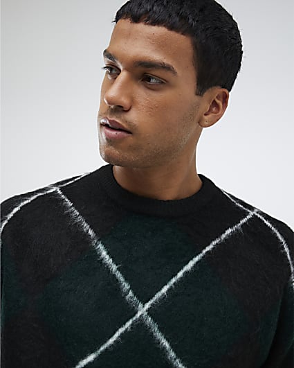 Green Regular Fit Brushed Argyle Jumper