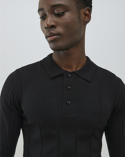 Black Muscle Fit Ribbed Polo Shirt