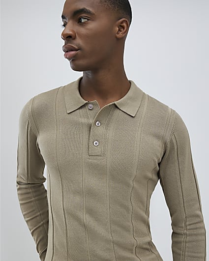 Beige Muscle Fit Ribbed Polo Shirt