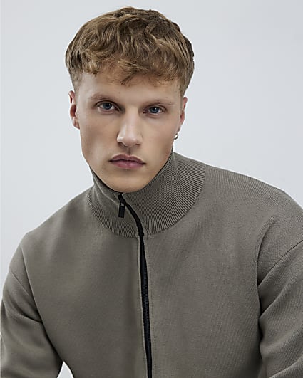 Khaki Slim Fit Zip Through Jumper