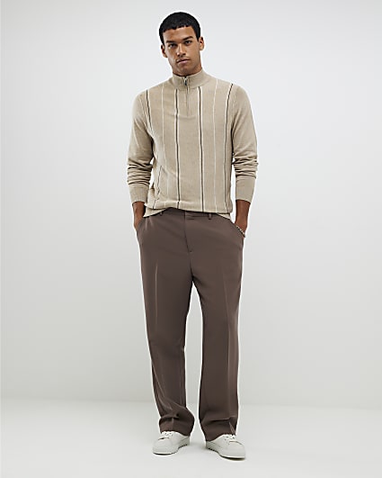 Beige Slim Fit Striped Half Zip Jumper