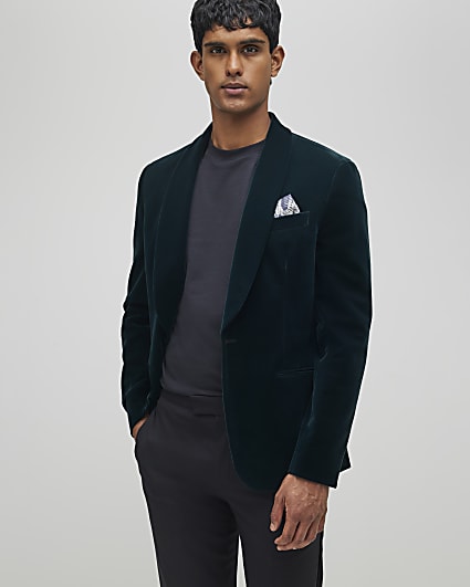 Green Slim Fit Velvet Suit Jacket