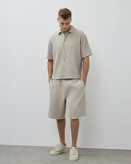 Beige Boxy Fit Chunky Plisse Revere Shirt