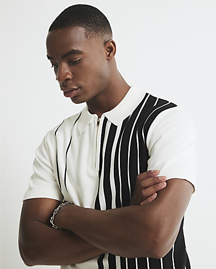 Black Striped Splice Zip Polo Shirt
