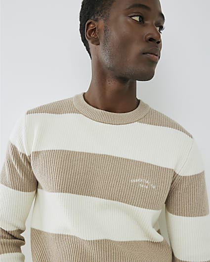 Cream Slim Fit Stripe Rib Blocked Jumper