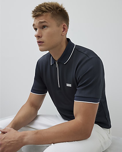 Navy Muscle Fit Les Amis Stripe Polo Shirt
