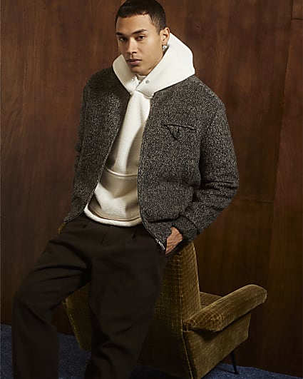 Brown Boucle Wool Bomber Jacket