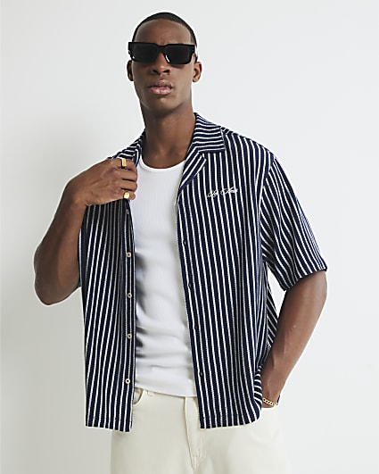 Navy Regular Fit Textured Stripe Shirt