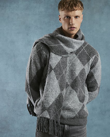 Grey Brushed Argyle Scarf