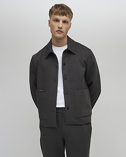 Grey Slim Fit Striped Overshirt