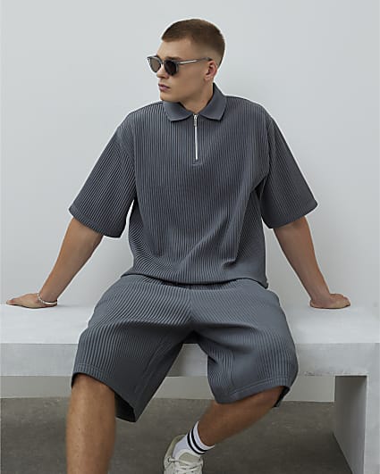 Grey Oversized Fit Plisse Polo Shirt