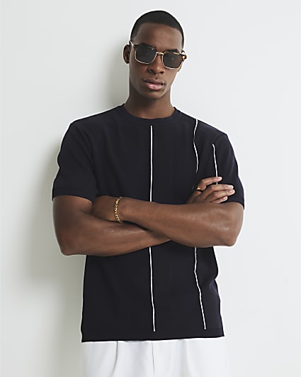 Navy Slim Fit Splice Stripe T-Shirt