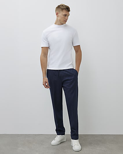 Navy Slim Fit Pinstripe Pull On Trousers
