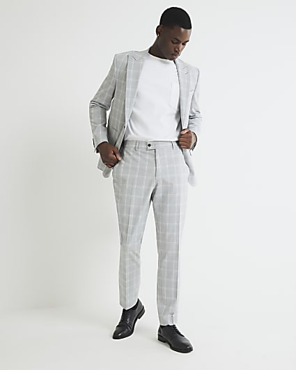 Grey Slim Fit Check Suit Trousers