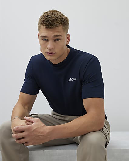 Navy Slim Fit Textured Ame Saint T-Shirt