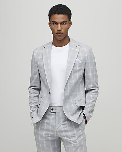 Grey Slim Fit Check Suit Jacket