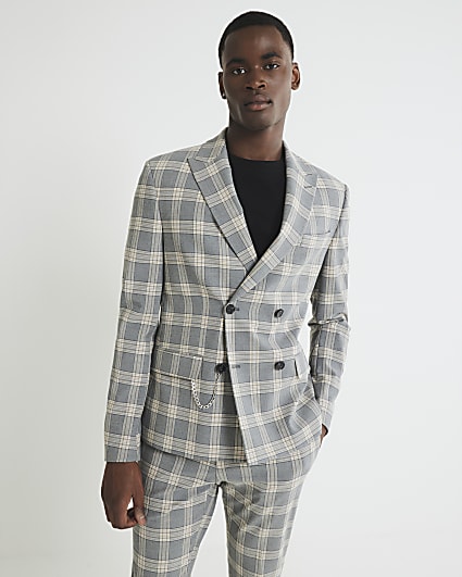 Grey Skinny Fit Check Suit Jacket