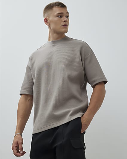 Beige Short Sleeve Regular Fit Ribbed T-Shirt