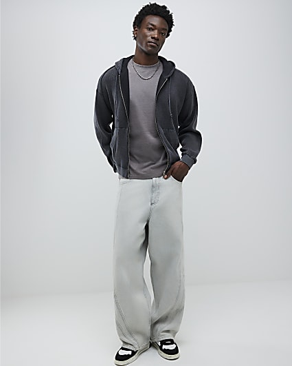 Black Washed Zip Through Hoodie