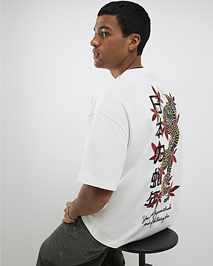 White Embroidered Japanese Snake T-Shirt