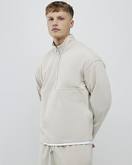 Beige Regular Fit Corduroy Funnel Sweatshirt
