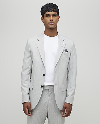 Grey Regular Fit Pinstriped Suit Jacket