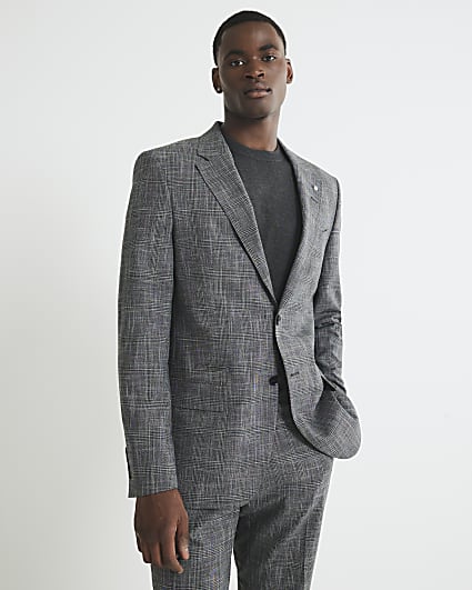 Grey Regular Fit Check Suit Jacket